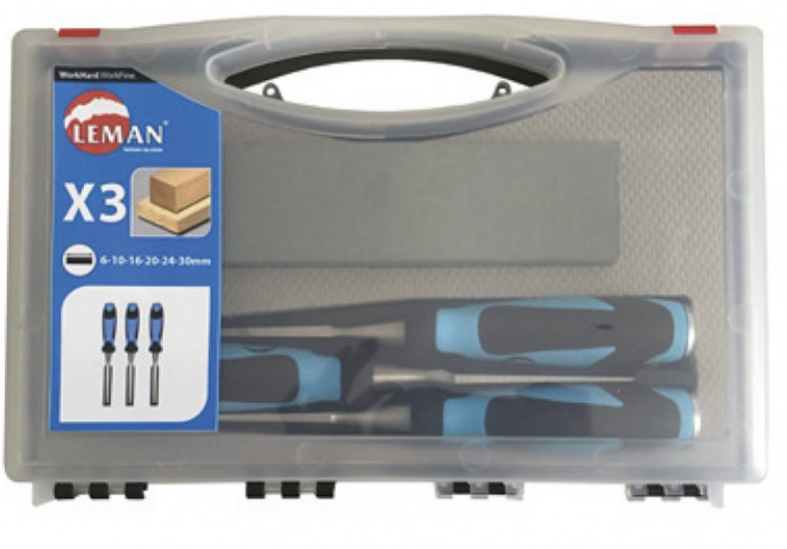 LEMAN - Coffret De 3 Ciseaux à Bois / Manche Bi-matière L.12/26/40mm + Pierre – Image 2